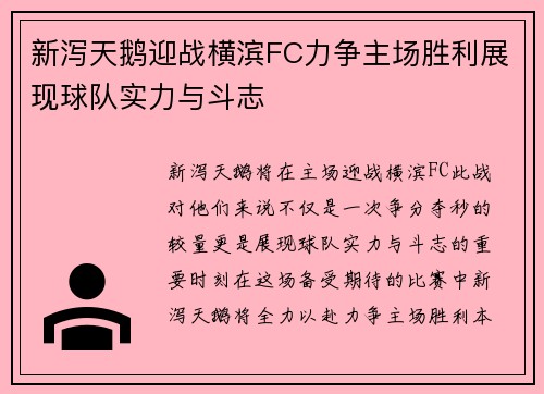 新泻天鹅迎战横滨FC力争主场胜利展现球队实力与斗志